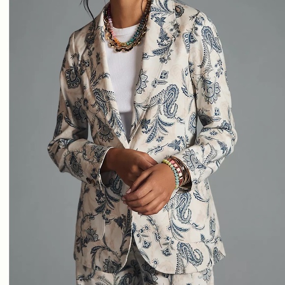 Anthropologie Jackets & Blazers - By Anthropologie Printed Blazer White and Blue Relaxed Silhouette Size 12